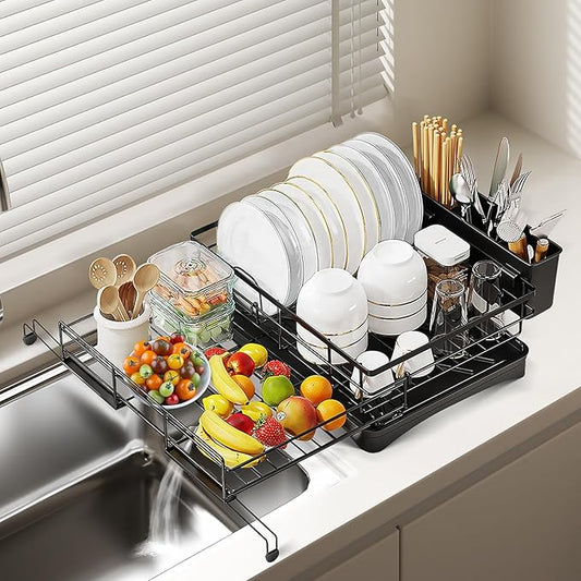 Oroonoko Extendable Dish Drying Rack,Large Drying Dish Drainer for Kitchen Counter, Stainless Steel Dish Strainer with Utensil Rack and Adjustable Feet for Sink
