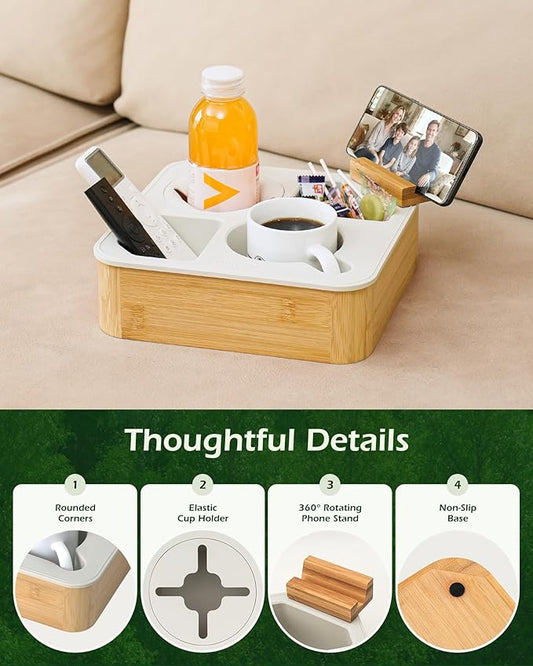Couch Cup Holder Tray, Bamboo Couch Caddy with Rotatable Phone Holder for Bed Organizer, Waterproof Anti-spill Sofa Cup Holder for Snacks Beverage Remote Black