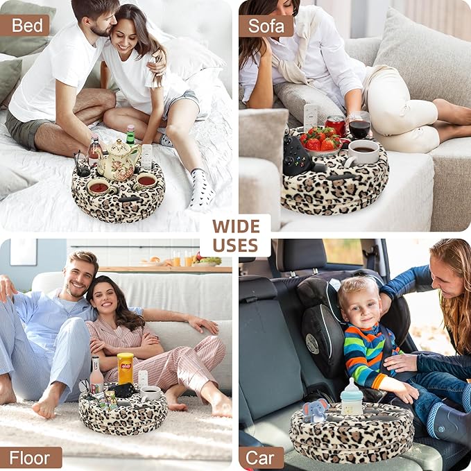 Couch Cup Holder Pillow - Cup Glass Cozy Pillow | Couch Caddy Sofa Bed Buddy Holds Drinks, Snacks, Remote, Phones, Tablet. Keep Drinks Stand and Prevent Spills for Car, Park, Beach (LeopardYellow)