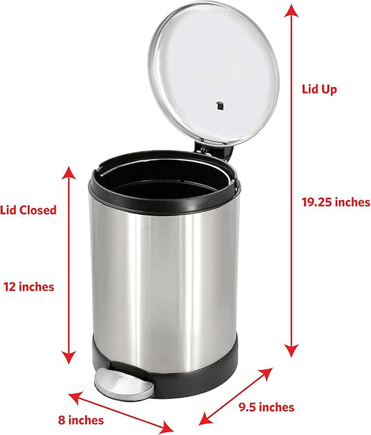 Glad Small Trash Can, 1.2 Gallon | Round Stainless Steel Garbage Bin with Soft Close Lid & Step Foot Pedal | Metal Waste Basket with Removable Inner Bucket, Stainless