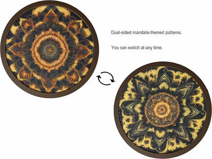 Absorbent Coasters for Drinks with Holder - 6packs, Silicone Coaster with Soft Felt Insert (4.3 inch Coasters with 4.5 inch Holder, Dual-Sided Mandala -Themed Patterns)