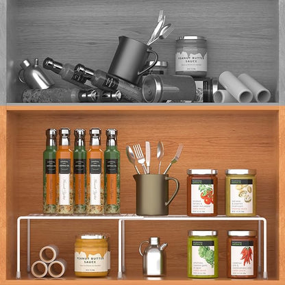 Redrubbit Cabinet Storage Shelf Rack, Expandable Metal Rustproof Kitchen Counter and Cabinet Shelf, Storage Rack Organizer Space Saver for Kitchen, Fridge, Cabinet, Bathroom, White, Set of 4