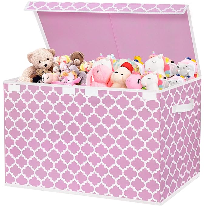 homyfort Toy Box for Girls, Kids - Large Toy Chest Organizers and Storage Boxes with Flip-Top Lid & Divider, Collapsible Container Bins for Playroom, Nursery, Closet, Living Room, 24.5"x13"x16", Pink