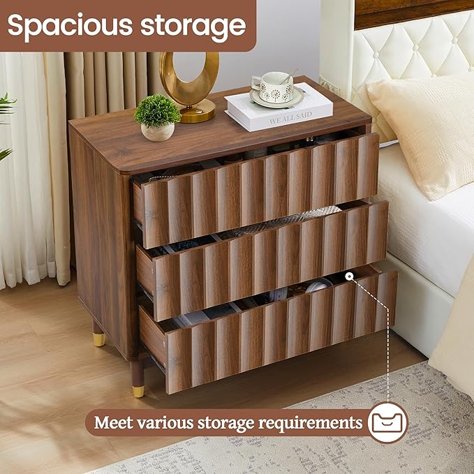Bifins Fluted 3 Drawer Dresser, 31.5" Wide Modern Storage Chest of Drawers, Wood Drawer Organizer for Bedroom, Living Room, Hallway