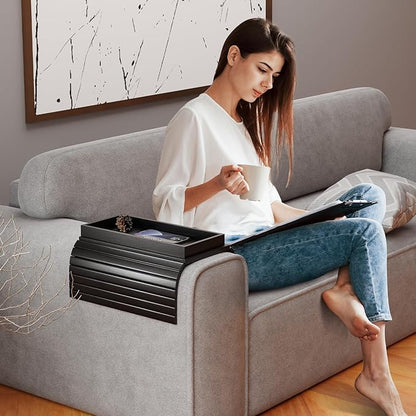 Bamboo Sofa Armrest Tray Table for Couch - 2-in-1 Couch Arm Table with Be Slide Detachable Tray- Anti-Slip Foldable Sofa Armchair Caddy for Drinks Cellphone TV Remote Snacks (Black)