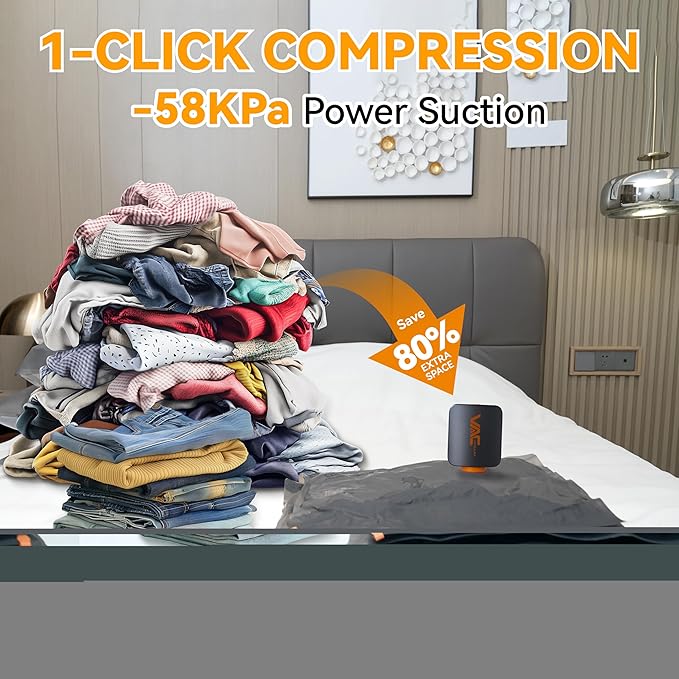 VACKFOX Travel Vacuum Bags with Wireless Pump, 9 Pack Vacuum Storage Bags with Powerful -58KPa Suction, for Maximum Compression in Luggage, Suitcase, Travel and Home Use for Clothes and Blankets