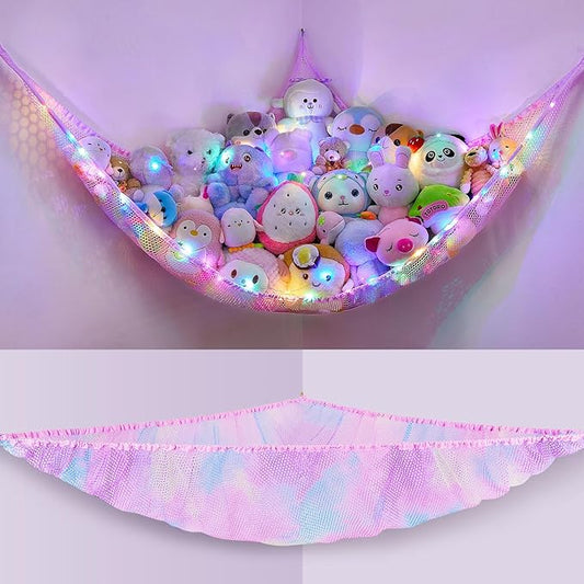 Unicorn Castle Stuffed Animals Net or Hammock Kids Toy Storage Organizer with LED Light Hanging Corner Stuffed Animals Holder Kids Girls Room Decor,Pink-Purple-Yellow,Large (Pack of 1)