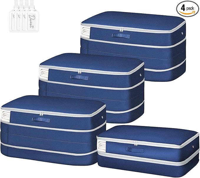 Easortm Comforter Storage Bag - Large Capacity Bedding Storage Bags Ultra Space Saving Self Compression Organizer, Washable Compression Bags for Storage Comforter Blanket Duvet, 4-Pack, Navy Blue