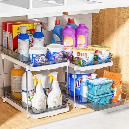 Delamu 2-Tier Multi-Purpose Bathroom Under Sink Organizers and Storage, Stackable Kitchen Pantry Organization, Pull Out Medicine Cabinet Organizer with Movable Dividers, Grey, 2 Pack