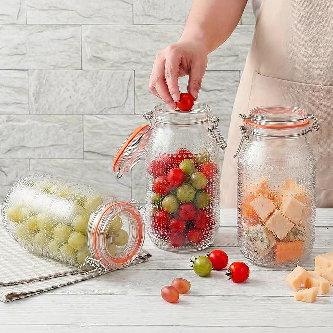 64 Oz Glass Mason Jars with Airtight Lids3 Pack, Wide Mouth Canning Jars with Clip Top Lids for Kitchen Storage Pickling Salad Jams Coffee Beans