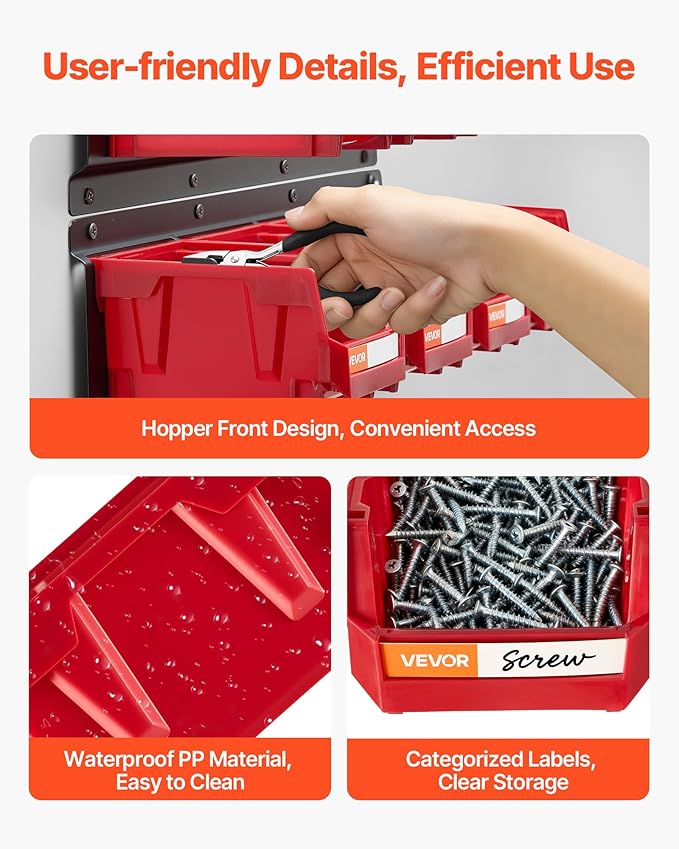 VEVOR Wall Mounted Storage Bins, 12 Plastic Bins & 3 Metal Rails, Plastic Hanging Stackable Storage Bin for Screws, Nuts, Bolts, Nails, Hardware Tool Organizer for Workshop, Craft Room, Garage, Red
