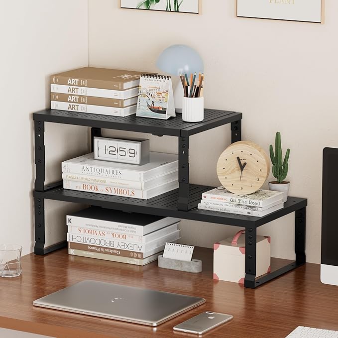 Metal Stackable Expandable Storage Shelf - Multi-Functional Home Storage Shelf, Suitable for Kitchen, Cabinet，Bathroom, Office, Garage, etc.（2PACKS/Black/Medium