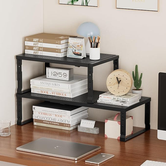 Metal Stackable Expandable Storage Shelf - Multi-Functional Home Storage Shelf, Suitable for Kitchen, Cabinet，Bathroom, Office, Garage, etc.（2PACKS/Black/Large