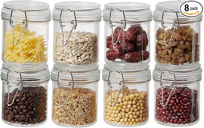 10oz Glass Food Storage Jars with Airtight Lids, Set of 8 – Clear Preserving Seal Wire Clip Fastening Canisters for Kitchen Canning, Flour, Cereal, Pasta, Sugar, Beans, Pickling Jars (10oz×8)
