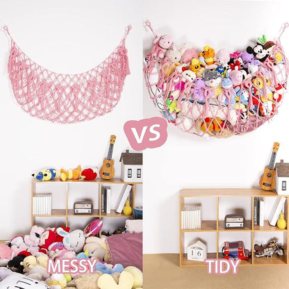 Stuffed Animal Net or Hammock Wall Hanging Net for Stuffed Animal Storage Macrame Toy Display Plush Toy Holder Soft Toy organizer for Nurery Baby Bedroom Playroom-Pink