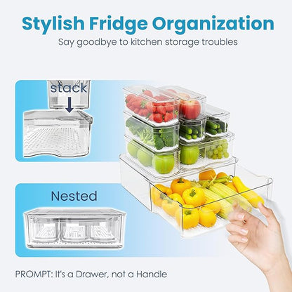 SMRCAD 8 Pack Refrigerator Organizers, Clear Pull-out Drawer Container and Organizer Bins with Lids, Stackable Storage Containers for Fruits, Vegetable (Set of 8 (Include Pull Out Drawer))