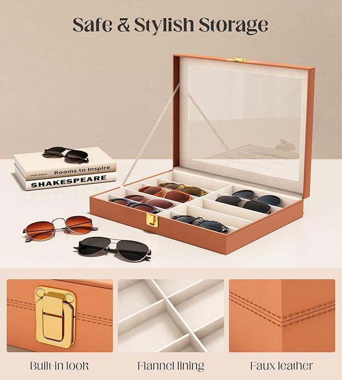 sensok Sunglasses Organizer Storage Box - 10 Slots Eyeglass Display Case for Multiple Pair Glasses, Sunglass Holder with Clear Glass Lid, Jewelry and Watch Collection Box for Women and Men, Brown