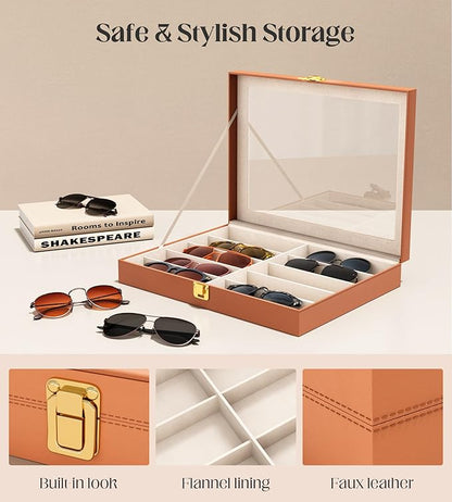 sensok Sunglasses Organizer Storage Box - 10 Slots Eyeglass Display Case for Multiple Pair Glasses, Sunglass Holder with Clear Glass Lid, Jewelry and Watch Collection Box for Women and Men, Brown