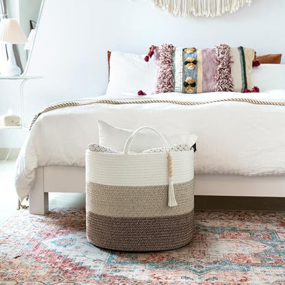 Mkono Woven Storage Basket Decorative Natural Rope Basket Wooden Bead Decoration for Blankets,Toys,Clothes,Shoes,Plant Organizer Bin with Handles Living Room Home Decor, 16"W × 13.8"L