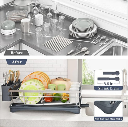 SAYZH Dish Drying Rack - Stainless Steel Dish Rack for Kitchen Counter, Large-Capacity Dish Drainer with Cutlery Holder, Kitchen Organizer for Dishes, Spoons and Forks, Silver