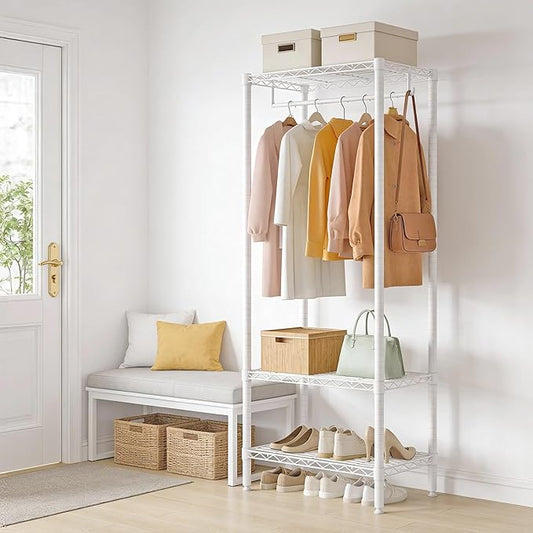 Garvee Freestanding Clothes Rack with Adjustable Shelves, 70.5" H Compact Heavy-Duty Dress Up Rack Small Closet System, for Dorm Corner Bedroom Cloakroom Apartment, 684LBS Weight Capacity, White