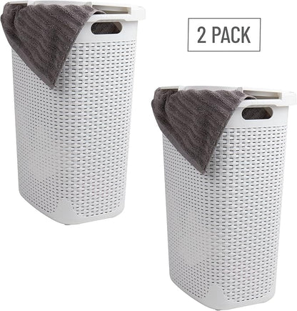 Mind Reader Slim Laundry Hamper with Lid, 60L Clothes Baskets, Premium Wicker Design, Plastic, 2-Pack, White
