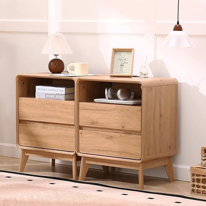 GlowVitaHome Nightstand, Wood Bedside Table with 2 Drawers and Open Storage Shelf, Accent End Table with Solid Wood Legs for Bedroom,Nature