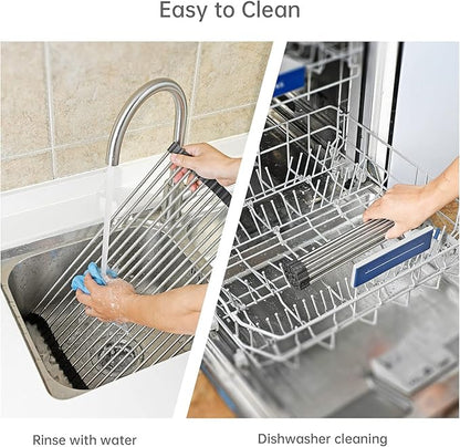 ARAINY Large Telescopic Drain Rack Roll Up Rack Heat-Resistant Dish Drainer Kitchen Sink Rack Over The Sink Dish Drying Rack Stainless Steel Dish Rack (18 Tube 21.25''x12.79'')