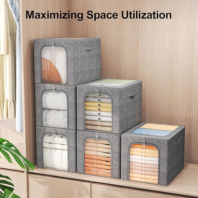 GoMaihe Clothes Storage Bin with Metal Frame: 4-Pack Stackable Closet Storage Bin with Lid & Clear Window, Sweater Boxes Storage for Closet Clothing Bedding Storage Organizer 40L