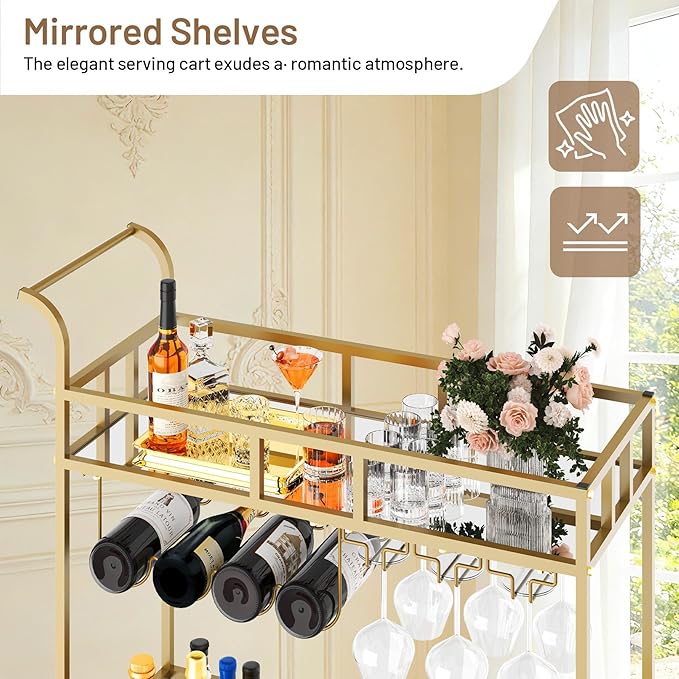 TrailBlaze Gold Mirrored 2-Tier Rolling Bar Cart – Beverage & Wine Service Trolley with 4 Bottle Racks & 3 Glass Holders – Compact Metal Design for Home, Kitchen, Dining, Living Room – 34x15x35in