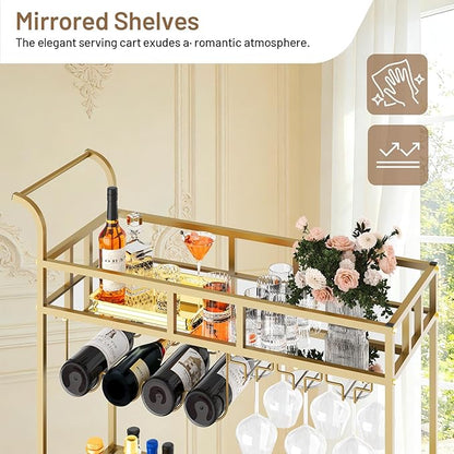 TrailBlaze Gold Mirrored 2-Tier Rolling Bar Cart – Beverage & Wine Service Trolley with 4 Bottle Racks & 3 Glass Holders – Compact Metal Design for Home, Kitchen, Dining, Living Room – 34x15x35in