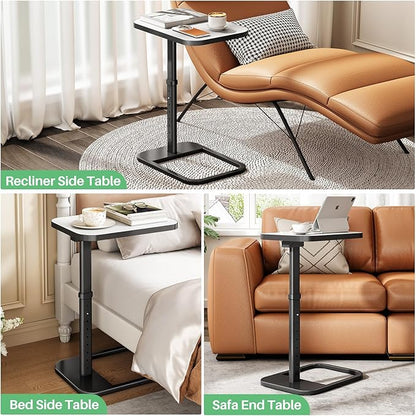 Kitstorack TV Tray Table, Adjustable Height & Rounded Metal Corners, Snack Table for Couch, Sofa, Bed, Chair, Living Room, C Shaped End Side Table for Eating, Dinner or Laptop, Small Spaces, White