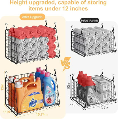 3-Pack Hanging Laundry Baskets, Foldable Metal Wire Shelves with 360° Rotating Hooks, Space-Saving Over Washer/Dryer or Closet Storage for Laundry Room & Closet Organization, Black