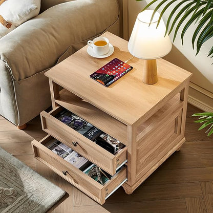 Joaxswe 24" Wide Farmhouse Night Stand,Large End Table with 2 Drawers & Metal Handle,Wood Dresser for Bedroom, Natural Bed Side Table Chest of Drawers Cabinet,Nightstand for Living Room,Closet
