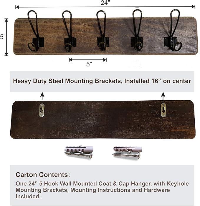 Rustic Farmhouse Wall Mounted Coat Rack – 24” Reclaimed Wood Board with 5 Heavy Duty Hooks, Natural Finish, Handcrafted Storage for Entryway, Hallway, or Bedroom