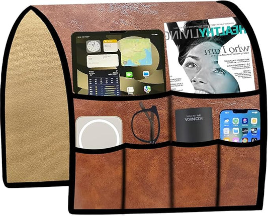 Ntomtuex PU Leather Remote Control Holder for Sofa Armrest Organizer Non-Slip Arm Chair Caddy for Recliner Sofa Caddy Storage with 6 Pockets for Glass Phone TV Remote Control Magazines, Brown