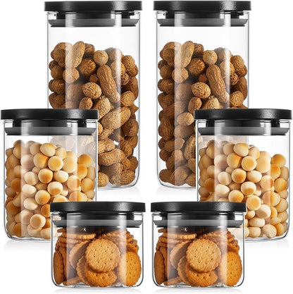 Rtteri 6 Pcs Glass Jars with Black Lids 15oz 27oz 41oz Canisters with Black Airtight Lids Stackable Glass Food Storage Containers Pantry Storage Jars PP Material Airtight