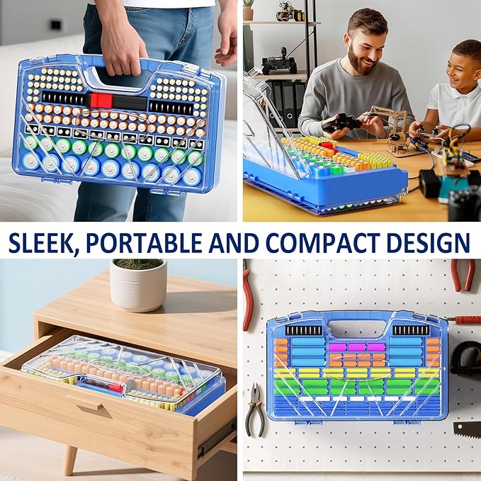 Battery Organizer Storage Holder Box Case with Tester, Stores & Protects Up to 285+ Batteries, Double-Sided and Durable Design,Holds AA AAA 4A C D Cell 9V 3V Lithium LR44 CR2 CR123 (Blue)