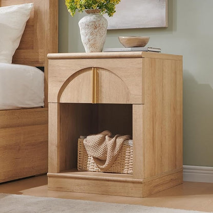 ACCOHOHO Modern Night Stand with Arched Panel,18" Wooden nightstand with Charging Station,Bedside Table with Drawer Storage,Side End Table with Open Shelf for Bedroom,Living Room,Natural Oak