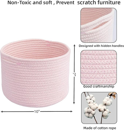 Woven Cotton Rope Storage Baskets - 3-Pack Round Bins (10x10x7'') for Shelves, Closets & Bookcases | Durable Rope Organizers for Nursery, Baby, Toys, Easter & More (pink)