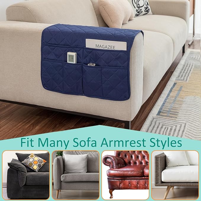 DECKALY Sofa Armrest Organizer with 6 Pockets, Non-Slip Couch Recliner Armchair Caddy, Washable Remote Controls Holder, Storage for Magazine, Tablet (Navy)
