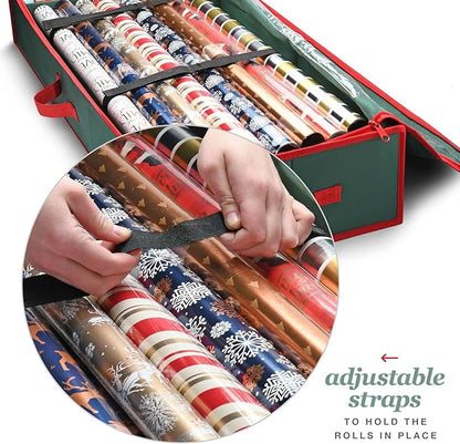 Premium Wrapping Paper Organizer Storage | Gift Wrap Holder With Extra Pockets for Christmas Decorations, Reinforced Handles, Heavy Duty, Ultra-Durable, Tear-Proof Fabric - Fits Up to 27 Rolls (Green)