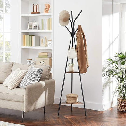VASAGLE Coat Rack Freestanding, Coat Hanger Stand, Hall Tree with 2 Shelves, for Clothes, Hat, Bag, Industrial Style, Rustic Brown and Black URCR16BX