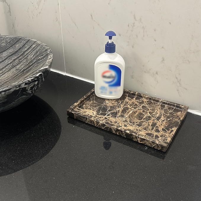 GHYFGD Natural Marble Tray for Bathroom Countertop, Dark Brown Marble Stone Tray for Kitchen Counter (Coffee Net, 12" x 8")