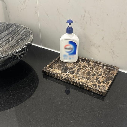 GHYFGD Natural Marble Tray for Bathroom Countertop, Dark Brown Marble Stone Tray for Kitchen Counter (Coffee Net, 12" x 8")