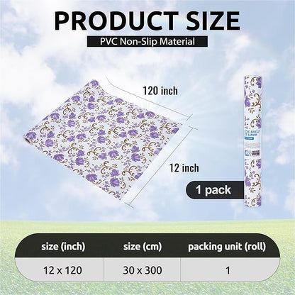 12X120 Inch Shelf Liner for Kitchen Cabinets, PVC Drawer Liner for Dresser Non-Slip Bathroom, Non-Adhesive Cabinet Liner Washable (Purple Floral)(1 Roll)