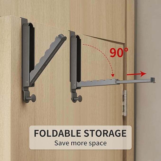RFOUO Over The Door Hooks Hanger Fit Door up to 1 3/4" Optimal 2pc,Over The Door Hanger with Retractable Rod,Foldable Over The Door Drying Rack for Laundry Bathroom Bedroom (Space Grey, 2 Pack)