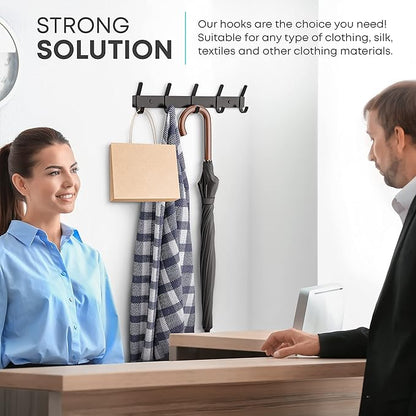 Matte Black Coat Rack Wall Mount – 15 Inch Stainless Steel Hook Rail with 5 Double Coat Hooks – Wall Mounted Entryway Organizer for Coats, Hats, Bags, Towels, Robes, Closet or Bathroom
