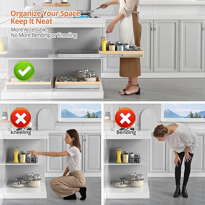 Wooden Pull Out Cabinet Organizer, Slide Out Drawer for Kitchen Organizers and Storage, Soft Close, Heavy Duty, Fully Expandable