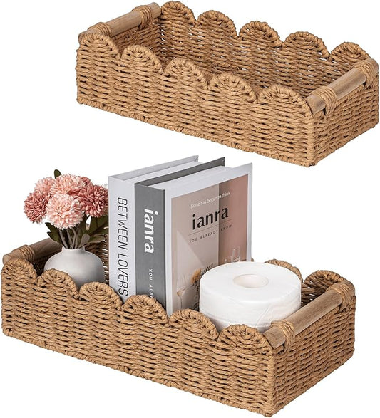 CubesLand Toilet Paper Storage Basket, Scalloped Edge Shelves Basket for Organizing for Over Toilet Tank Storage, Home Decor Baskets for Shelf, Countertop, Living Room, Bedroom, Handwoven, Neutral